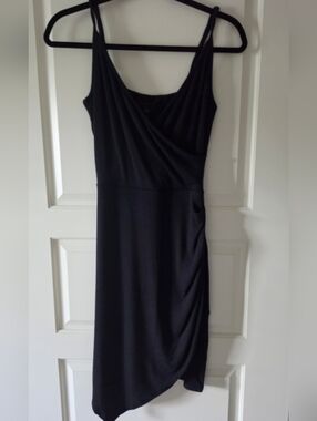 Black Midi Dress with Wrap-Style Bodice, Asymmeteical Hem
